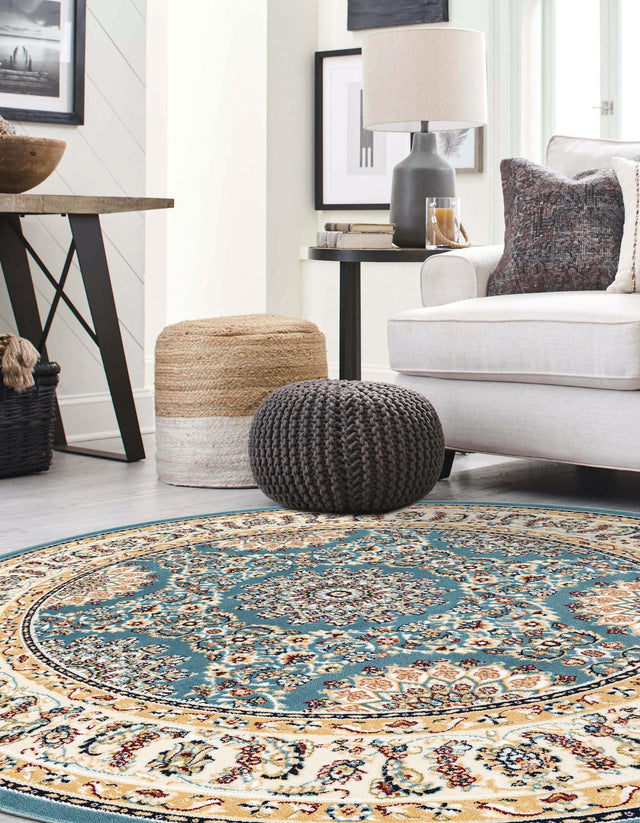 Blue 5' 3 x 5' 3 Narenj Round Area Rug 85% Polypropylene & 15% Polyester Traditional Classic Carpet for Living, Dining, Bedrooms, Office for Sale at Rug Engine