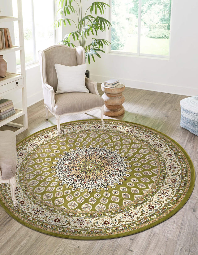 Green 10' x 10' Narenj Round Area Rug 85% Polypropylene & 15% Polyester Traditional Classic Carpet for Living, Dining, Bedrooms, Office for Sale at Rug Engine
