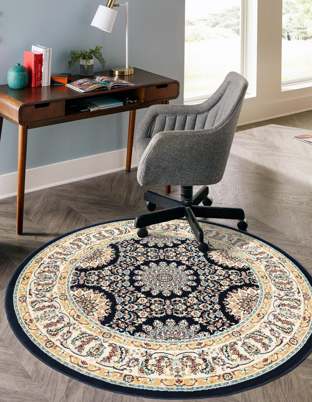 Navy Blue 10' x 10' Narenj Round Area Rug 85% Polypropylene & 15% Polyester Traditional Classic Carpet for Living, Dining, Bedrooms, Office for Sale at Rug Engine