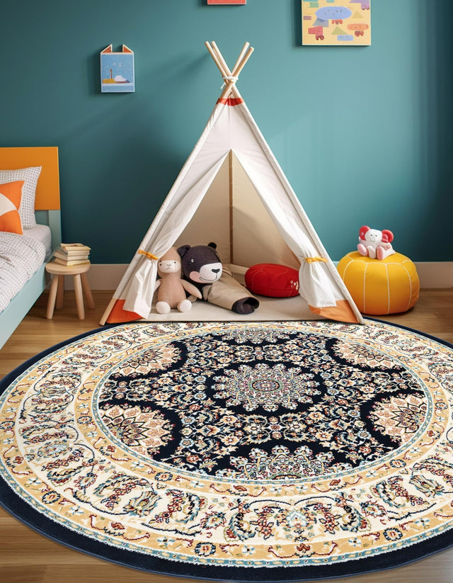 Navy Blue 5' 1 x 5' 1 Narenj Round Area Rug 85% Polypropylene & 15% Polyester Traditional Classic Carpet for Living, Dining, Bedrooms, Office for Sale at Rug Engine