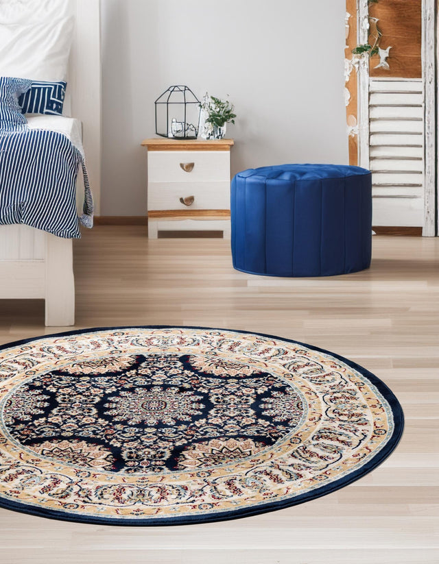 Navy Blue 5' 1 x 5' 1 Narenj Round Area Rug 85% Polypropylene & 15% Polyester Traditional Classic Carpet for Living, Dining, Bedrooms, Office for Sale at Rug Engine