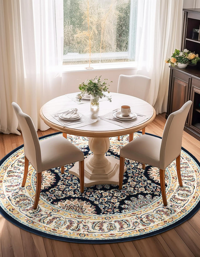 Navy Blue 5' 1 x 5' 1 Narenj Round Area Rug 85% Polypropylene & 15% Polyester Traditional Classic Carpet for Living, Dining, Bedrooms, Office for Sale at Rug Engine