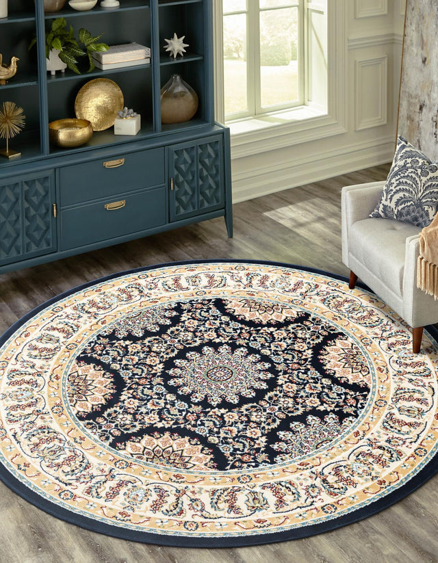 Navy Blue 5' 1 x 5' 1 Narenj Round Area Rug 85% Polypropylene & 15% Polyester Traditional Classic Carpet for Living, Dining, Bedrooms, Office for Sale at Rug Engine
