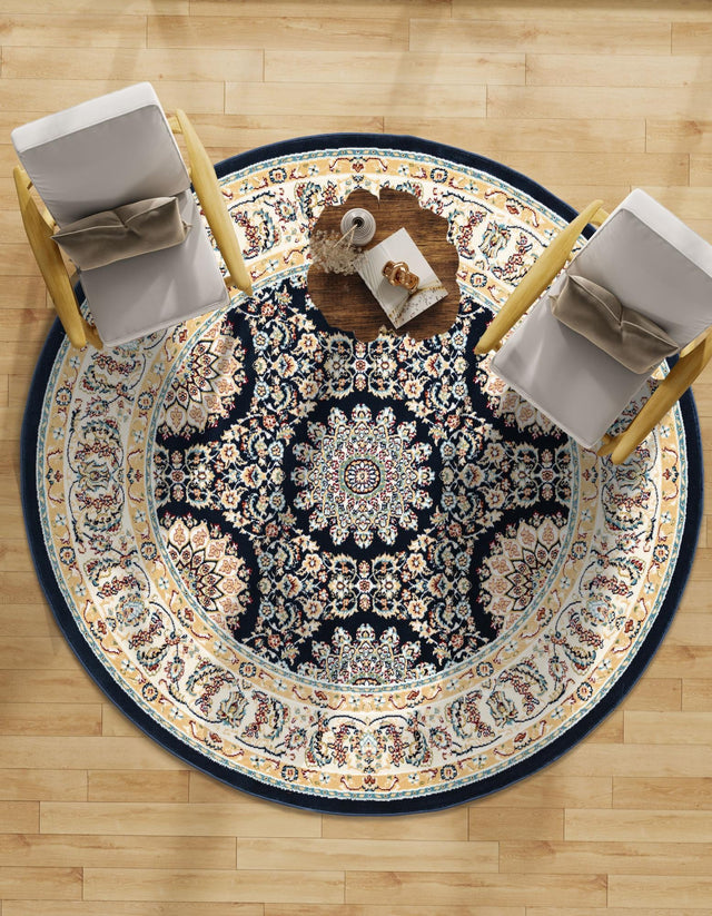 Navy Blue 5' 1 x 5' 1 Narenj Round Area Rug 85% Polypropylene & 15% Polyester Traditional Classic Carpet for Living, Dining, Bedrooms, Office for Sale at Rug Engine