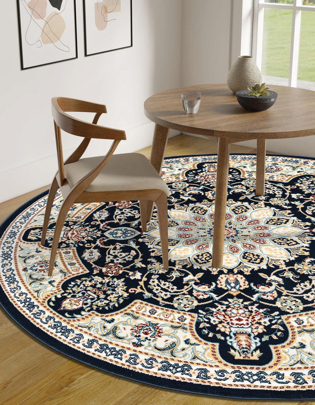 Navy Blue 5' 1 x 5' 1 Narenj Round Area Rug 85% Polypropylene & 15% Polyester Traditional Classic Carpet for Living, Dining, Bedrooms, Office for Sale at Rug Engine