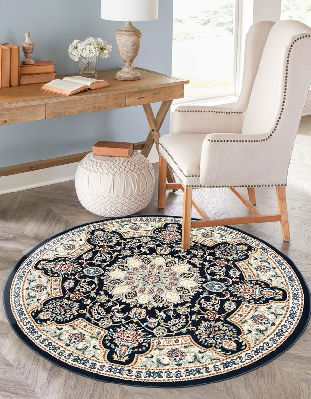 Navy Blue 5' 1 x 5' 1 Narenj Round Area Rug 85% Polypropylene & 15% Polyester Traditional Classic Carpet for Living, Dining, Bedrooms, Office for Sale at Rug Engine