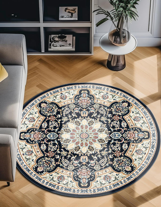 Navy Blue 5' 1 x 5' 1 Narenj Round Area Rug 85% Polypropylene & 15% Polyester Traditional Classic Carpet for Living, Dining, Bedrooms, Office for Sale at Rug Engine
