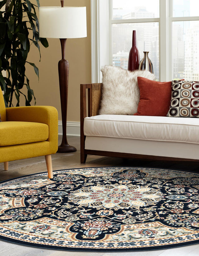 Navy Blue 5' 1 x 5' 1 Narenj Round Area Rug 85% Polypropylene & 15% Polyester Traditional Classic Carpet for Living, Dining, Bedrooms, Office for Sale at Rug Engine