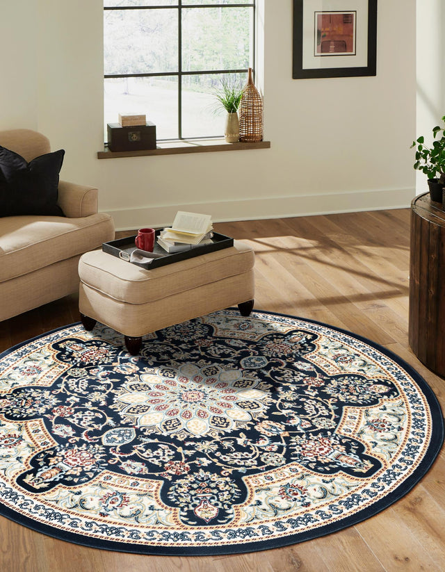 Navy Blue 5' 1 x 5' 1 Narenj Round Area Rug 85% Polypropylene & 15% Polyester Traditional Classic Carpet for Living, Dining, Bedrooms, Office for Sale at Rug Engine