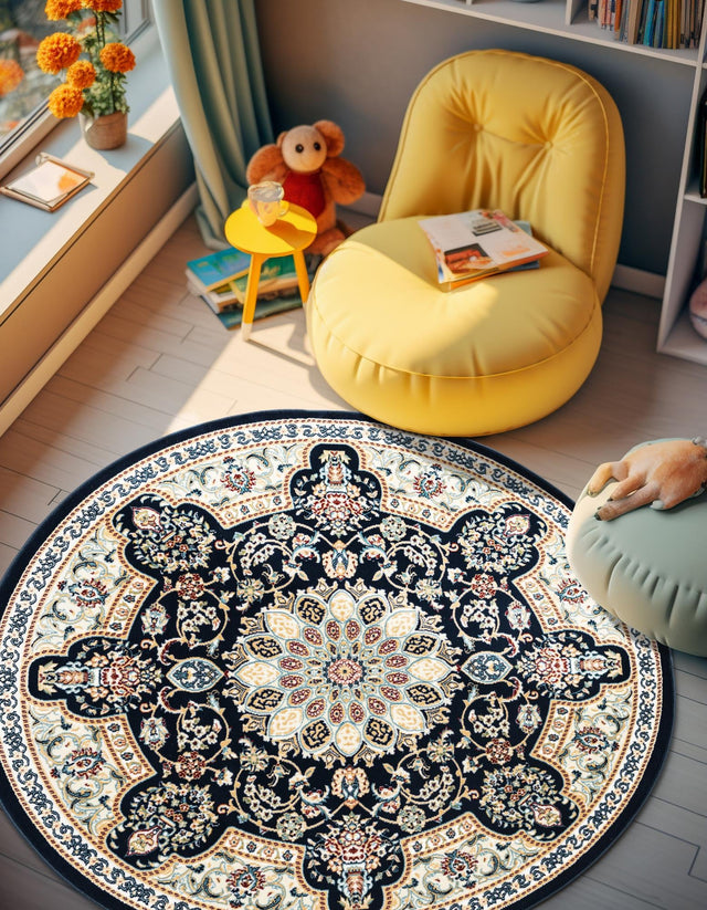 Navy Blue 5' 1 x 5' 1 Narenj Round Area Rug 85% Polypropylene & 15% Polyester Traditional Classic Carpet for Living, Dining, Bedrooms, Office for Sale at Rug Engine