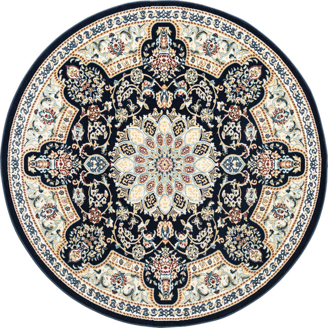 Navy Blue 5' 1 x 5' 1 Narenj Round Area Rug 85% Polypropylene & 15% Polyester Traditional Classic Carpet for Living, Dining, Bedrooms, Office for Sale at Rug Engine