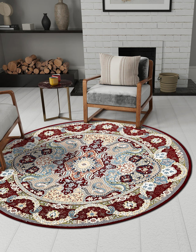 Burgundy 5' 3 x 5' 3 Narenj Round Area Rug 85% Polypropylene & 15% Polyester Traditional Classic Carpet for Living, Dining, Bedrooms, Office for Sale at Rug Engine