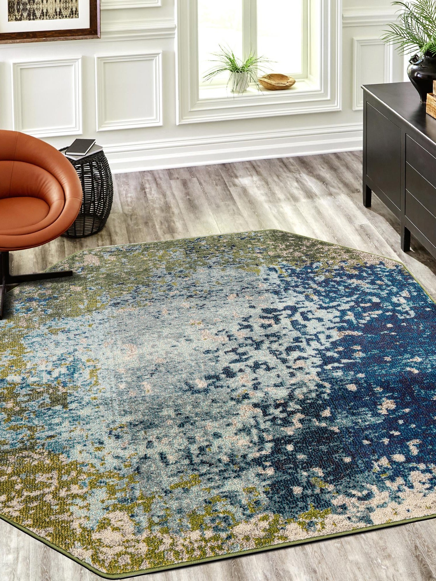 Blue 8' x 8' Estrella Octagon Area Rug 100% Polypropylene Non-Shedding Stain Resistant Carpet Colorful Modern Abstract Design Easy Clean for Home Decor for Sale at Rug Engine