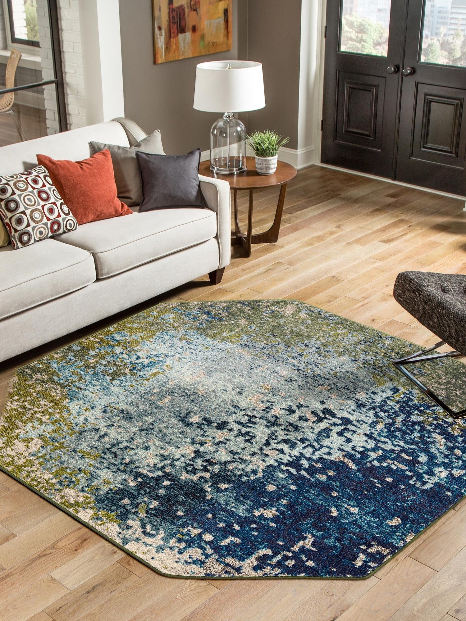 Blue 5' x 5' Estrella Octagon Area Rug 100% Polypropylene Non-Shedding Stain Resistant Carpet Colorful Modern Abstract Design Easy Clean for Home Decor for Sale at Rug Engine
