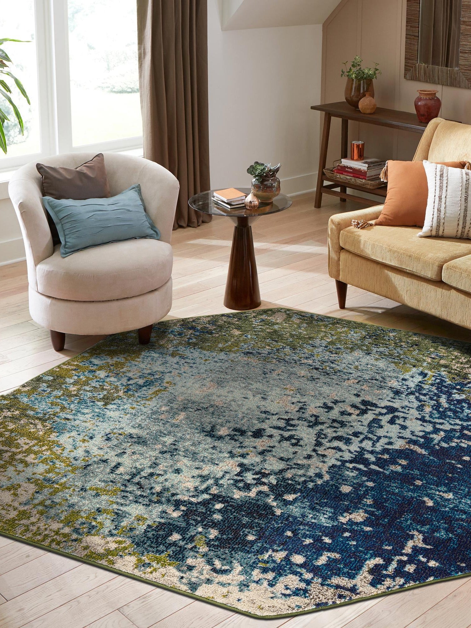 Blue 5' x 5' Estrella Octagon Area Rug 100% Polypropylene Non-Shedding Stain Resistant Carpet Colorful Modern Abstract Design Easy Clean for Home Decor for Sale at Rug Engine