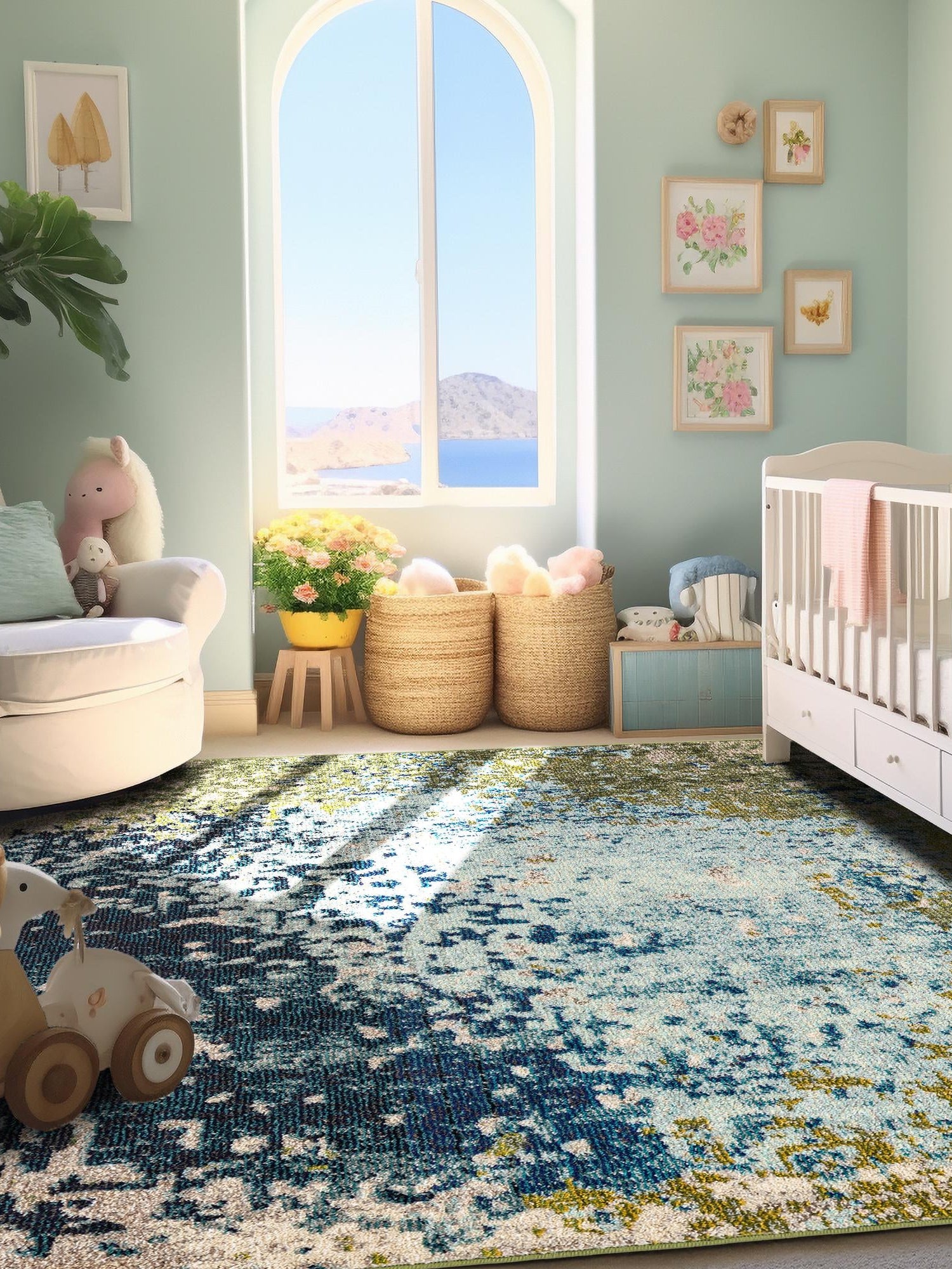 Blue 8' x 8' Estrella Square Area Rug 100% Polypropylene Non-Shedding Stain Resistant Carpet Colorful Modern Abstract Design Easy Clean for Home Decor for Sale at Rug Engine