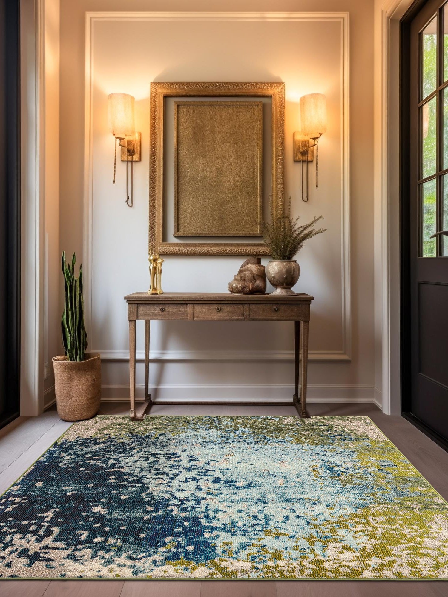 Blue 4' x 4' Estrella Square Area Rug 100% Polypropylene Non-Shedding Stain Resistant Carpet Colorful Modern Abstract Design Easy Clean for Home Decor for Sale at Rug Engine