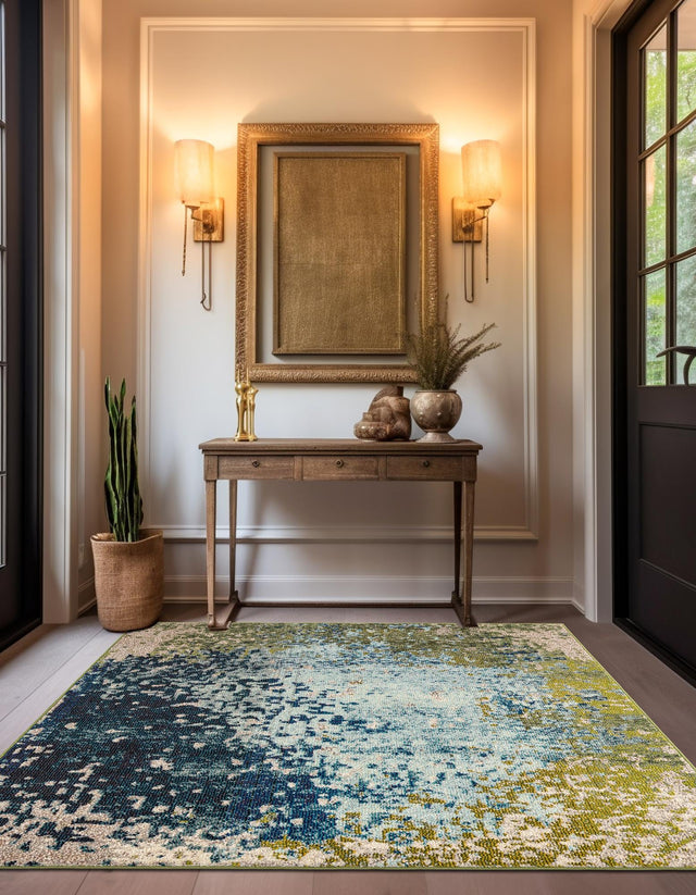 Blue 4' x 4' Estrella Square Area Rug 100% Polypropylene Non-Shedding Stain Resistant Carpet Colorful Modern Abstract Design Easy Clean for Home Decor for Sale at Rug Engine