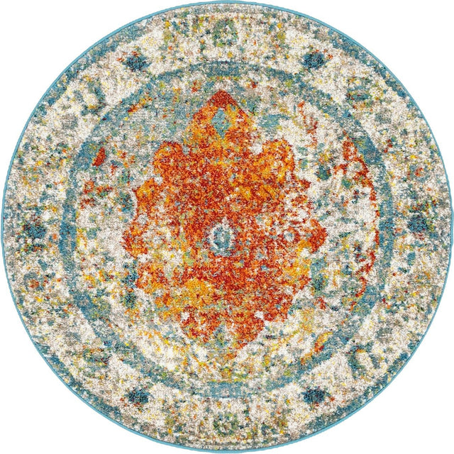 Orange 4' 1 x 4' 1 Rosso Round Area Rug Vintage Distressed Faded Traditional Design Carpet for Unique Home Interior Design for Sale at Rug Engine