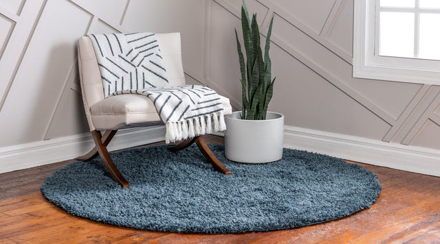 Marine Blue 5' 3 x 5' 3 Davos Shag Round Area Rug Thick Soft Touch Fluffy & Plush Shaggy Pile 100% Polypropylene Carpet for Living Dining Bedrooms Office for Sale at Rug Engine