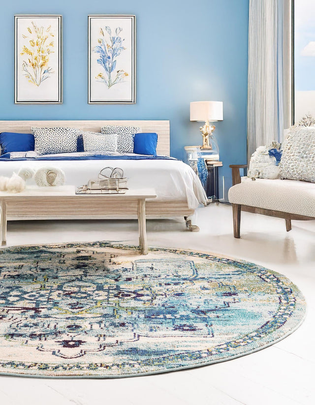 Blue 8' x 8' Medici Round Area Rug 100% Polypropylene Traditional Vintage Classic Carpet for Home Interior Design Decor for Sale at Rug Engine