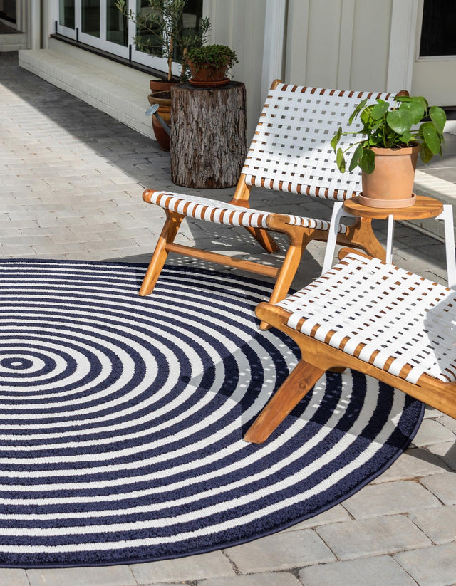 Navy Blue 8' x 8' Sabrina Soto Outdoor Round Area Rug Weather Resistant for Patio, Deck, Terrace, Balcony, Porch Durable Carpet for Exterior Home Design for Sale at Rug Engine