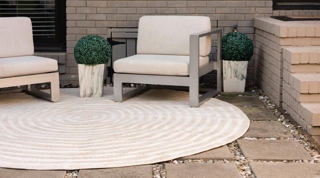 Beige 8' x 8' Sabrina Soto Outdoor Round Area Rug Weather Resistant for Patio, Deck, Terrace, Balcony, Porch Durable Carpet for Exterior Home Design for Sale at Rug Engine