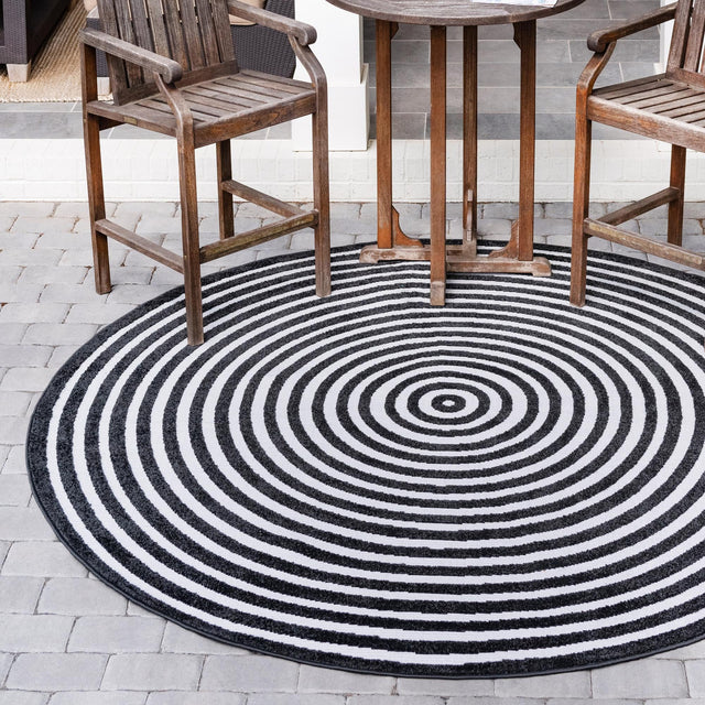 Black 8' x 8' Sabrina Soto Outdoor Round Area Rug Weather Resistant for Patio, Deck, Terrace, Balcony, Porch Durable Carpet for Exterior Home Design for Sale at Rug Engine