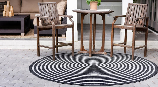 Black 8' x 8' Sabrina Soto Outdoor Round Area Rug Weather Resistant for Patio, Deck, Terrace, Balcony, Porch Durable Carpet for Exterior Home Design for Sale at Rug Engine