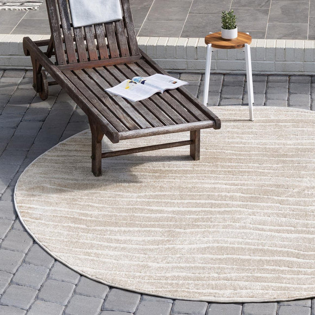 Beige 8' x 8' Sabrina Soto Outdoor Round Area Rug Weather Resistant for Patio, Deck, Terrace, Balcony, Porch Durable Carpet for Exterior Home Design for Sale at Rug Engine