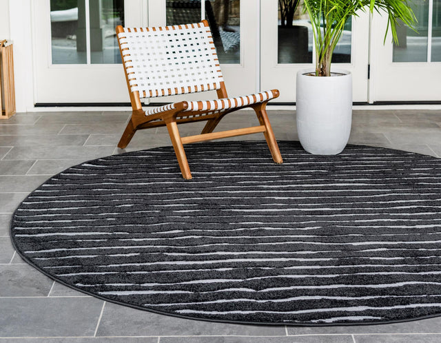 Black 8' x 8' Sabrina Soto Outdoor Round Area Rug Weather Resistant for Patio, Deck, Terrace, Balcony, Porch Durable Carpet for Exterior Home Design for Sale at Rug Engine