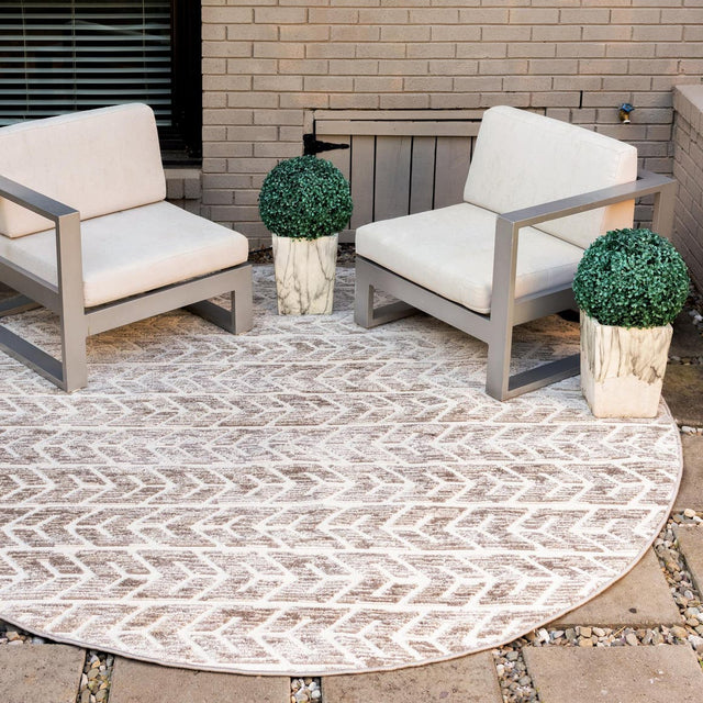 Beige 8' x 8' Sabrina Soto Outdoor Round Area Rug Weather Resistant for Patio, Deck, Terrace, Balcony, Porch Durable Carpet for Exterior Home Design for Sale at Rug Engine
