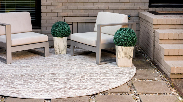 Beige 8' x 8' Sabrina Soto Outdoor Round Area Rug Weather Resistant for Patio, Deck, Terrace, Balcony, Porch Durable Carpet for Exterior Home Design for Sale at Rug Engine