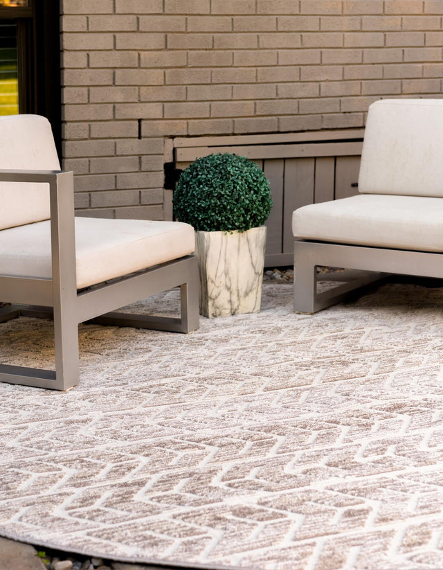 Beige 8' x 8' Sabrina Soto Outdoor Round Area Rug Weather Resistant for Patio, Deck, Terrace, Balcony, Porch Durable Carpet for Exterior Home Design for Sale at Rug Engine