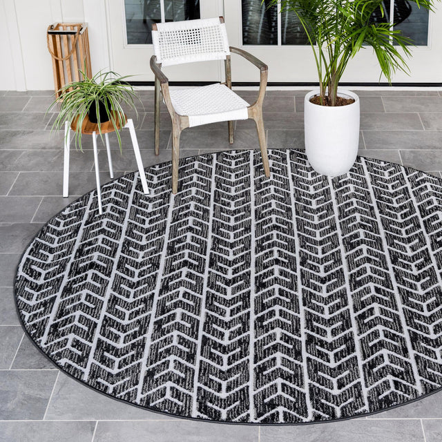 Black 8' x 8' Sabrina Soto Outdoor Round Area Rug Weather Resistant for Patio, Deck, Terrace, Balcony, Porch Durable Carpet for Exterior Home Design for Sale at Rug Engine