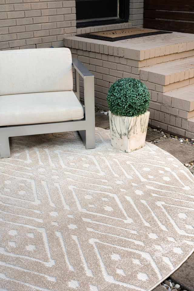 Beige 8' x 8' Sabrina Soto Outdoor Round Area Rug Weather Resistant for Patio, Deck, Terrace, Balcony, Porch Durable Carpet for Exterior Home Design for Sale at Rug Engine