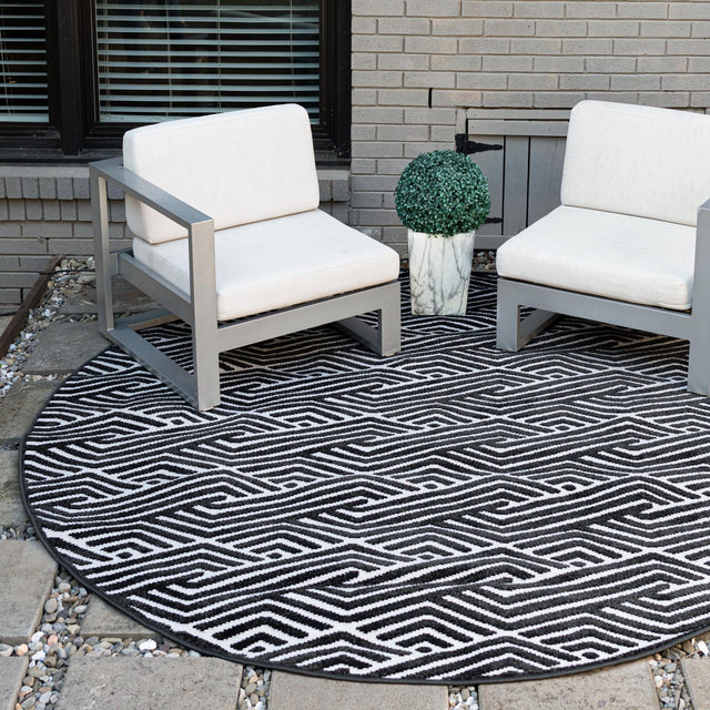 Black 8' x 8' Sabrina Soto Outdoor Round Area Rug Weather Resistant for Patio, Deck, Terrace, Balcony, Porch Durable Carpet for Exterior Home Design for Sale at Rug Engine