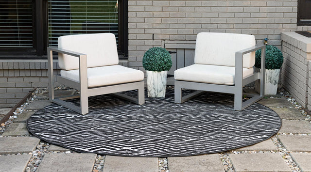 Black 8' x 8' Sabrina Soto Outdoor Round Area Rug Weather Resistant for Patio, Deck, Terrace, Balcony, Porch Durable Carpet for Exterior Home Design for Sale at Rug Engine