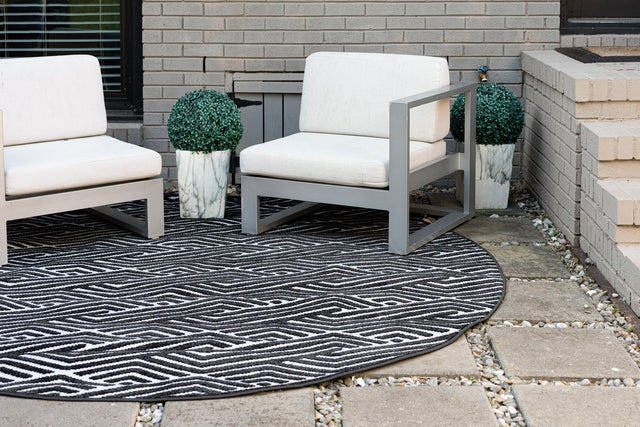 Black 8' x 8' Sabrina Soto Outdoor Round Area Rug Weather Resistant for Patio, Deck, Terrace, Balcony, Porch Durable Carpet for Exterior Home Design for Sale at Rug Engine