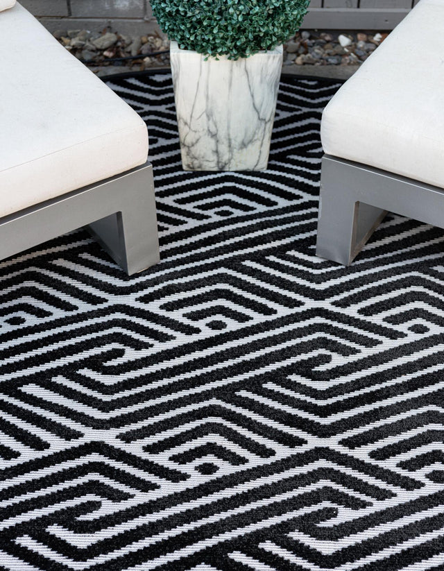 Black 8' x 8' Sabrina Soto Outdoor Round Area Rug Weather Resistant for Patio, Deck, Terrace, Balcony, Porch Durable Carpet for Exterior Home Design for Sale at Rug Engine
