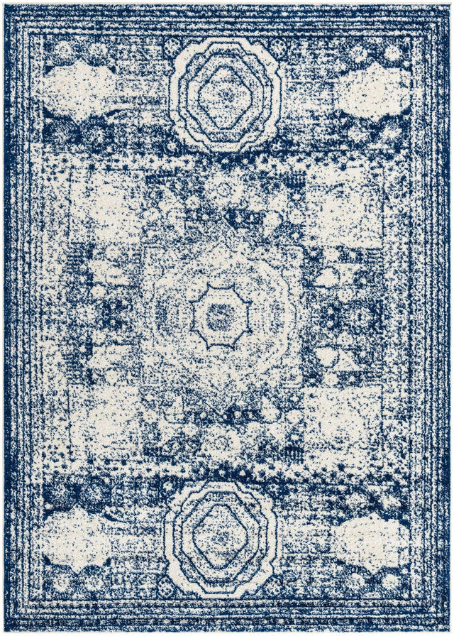 Ivory and Blue 7' 1 x 10' Bromley Rectangle Area Rug 100% Polypropylene With Cotton Backing Vintage Distressed Colorful Traditional Carpet for Living Dining Rooms Offices for Sale at Rug Engine