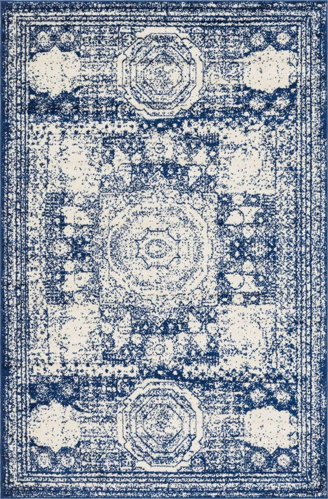 Ivory and Blue 6' 1 x 9' Bromley Rectangle Area Rug 100% Polypropylene With Cotton Backing Vintage Distressed Colorful Traditional Carpet for Living Dining Rooms Offices for Sale at Rug Engine