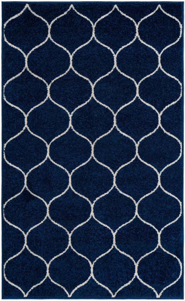 Navy Blue 3' 1 x 5' 3 Trellis Frieze Rectangle Area Rug Geometric Modern Unique Stain Resistant Easy Clean Carpet for Living, Dining, Bedrooms, Office for Sale at Rug Engine
