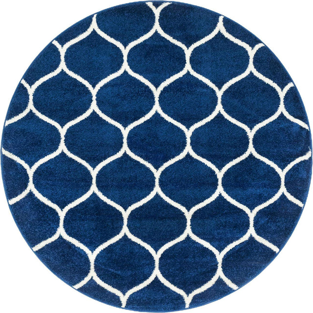 Navy Blue 5' 3 x 5' 3 Trellis Frieze Round Area Rug Geometric Modern Unique Stain Resistant Easy Clean Carpet for Living, Dining, Bedrooms, Office for Sale at Rug Engine