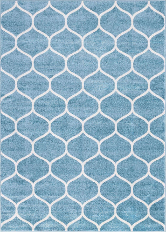 Light Blue 7' 10 x 11' Trellis Frieze Rectangle Area Rug Geometric Modern Unique Stain Resistant Easy Clean Carpet for Living, Dining, Bedrooms, Office for Sale at Rug Engine