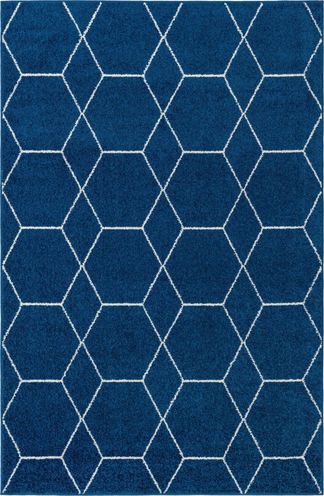 Navy Blue 6' 1 x 9' Trellis Frieze Rectangle Area Rug Geometric Modern Unique Stain Resistant Easy Clean Carpet for Living, Dining, Bedrooms, Office for Sale at Rug Engine