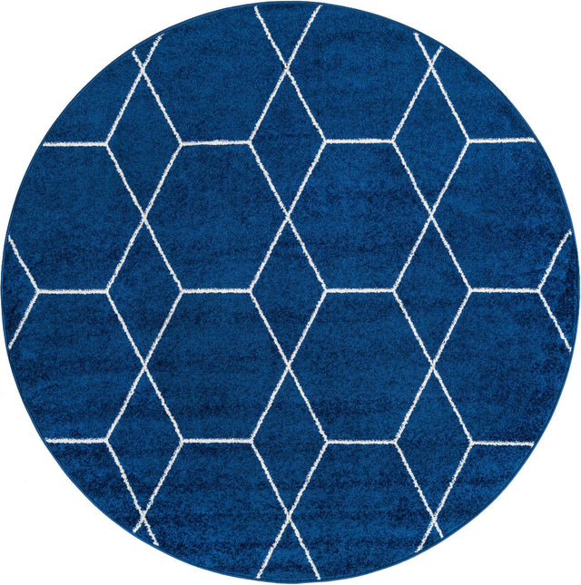 Navy Blue 7' 10 x 7' 10 Trellis Frieze Round Area Rug Geometric Modern Unique Stain Resistant Easy Clean Carpet for Living, Dining, Bedrooms, Office for Sale at Rug Engine