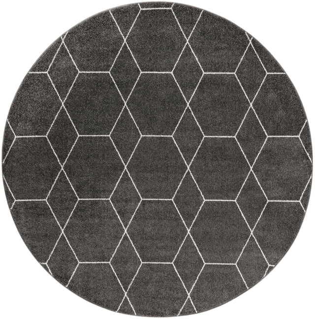 Dark Gray 7' 10 x 7' 10 Trellis Frieze Round Area Rug Geometric Modern Unique Stain Resistant Easy Clean Carpet for Living, Dining, Bedrooms, Office for Sale at Rug Engine