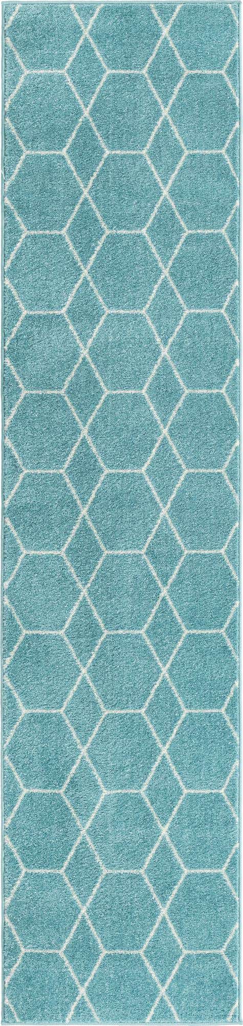 Light Blue 2' x 9' Trellis Frieze Runner Area Rug Geometric Modern Unique Stain Resistant Easy Clean Carpet for Living, Dining, Bedrooms, Office for Sale at Rug Engine