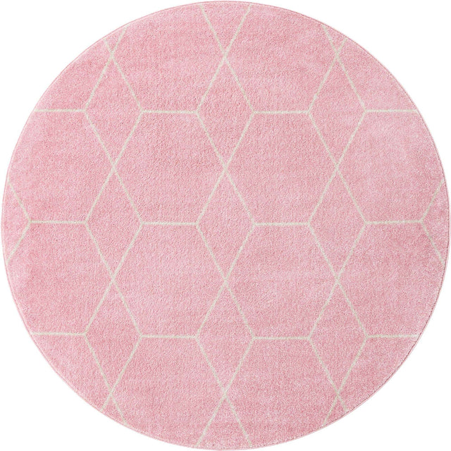 Light Pink 7' 10 x 7' 10 Trellis Frieze Round Area Rug Geometric Modern Unique Stain Resistant Easy Clean Carpet for Living, Dining, Bedrooms, Office for Sale at Rug Engine